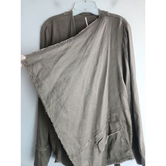 Free People Green Brown Open Waterfall Raw Hem Linen Blend Jacket size Medium - Picture 8 of 11